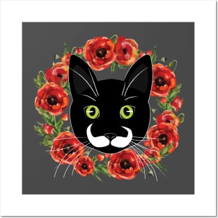 Mustache Cat with Flowers Posters and Art